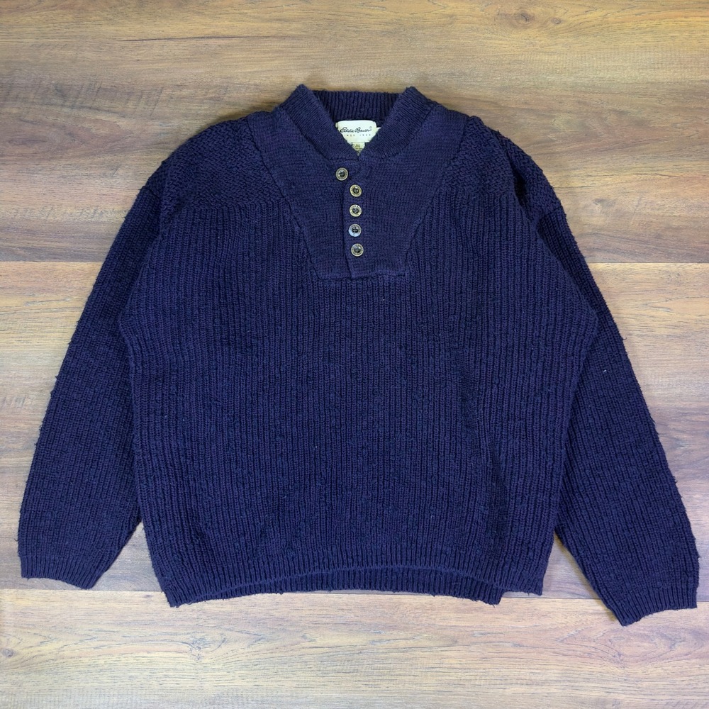 Eddie Bauer Mens Vintage Purple Cotton Chunky Knit Henley Mock Neck Sweater L